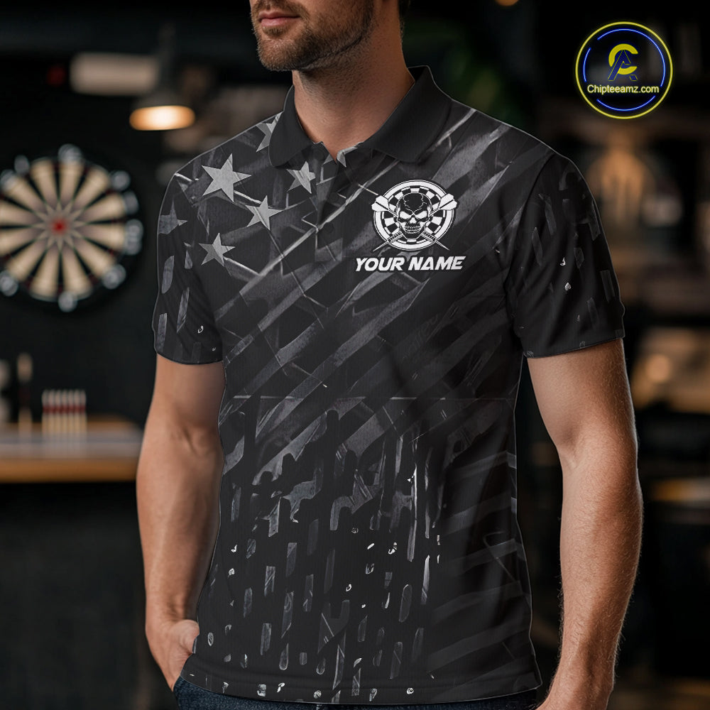 Personalized Black US Flag Skull Darts Shirt For Men Custom Darts League Team Jersey Polo, 1/4 Zip TDM7522
