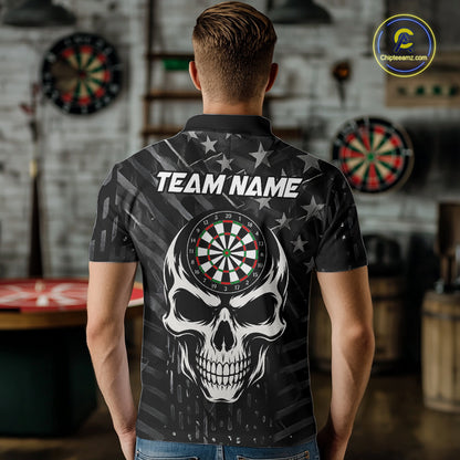 Personalized Black US Flag Skull Darts Shirt For Men Custom Darts League Team Jersey Polo, 1/4 Zip TDM7522