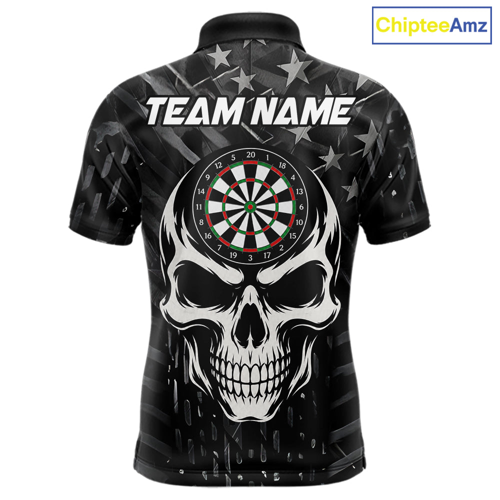 Personalized Black US Flag Skull Darts Shirt For Men Custom Darts League Team Jersey Polo, 1/4 Zip TDM7522