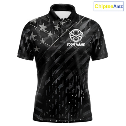 Personalized Black US Flag Skull Darts Shirt For Men Custom Darts League Team Jersey Polo, 1/4 Zip TDM7522