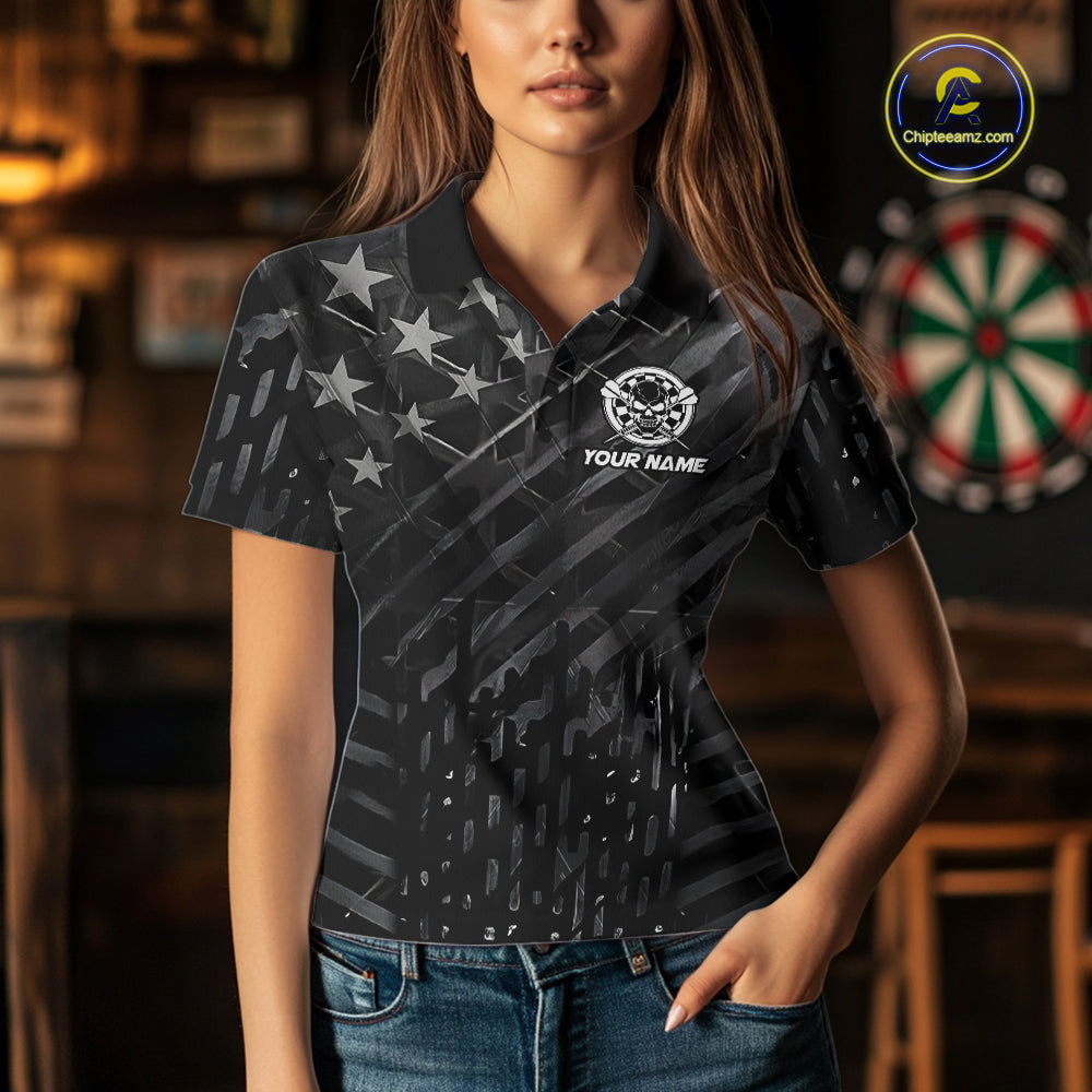 Personalized Black US Flag Skull Darts Shirt For Women Custom Darts League Team Jersey Polo, 1/4 Zip TDM7522