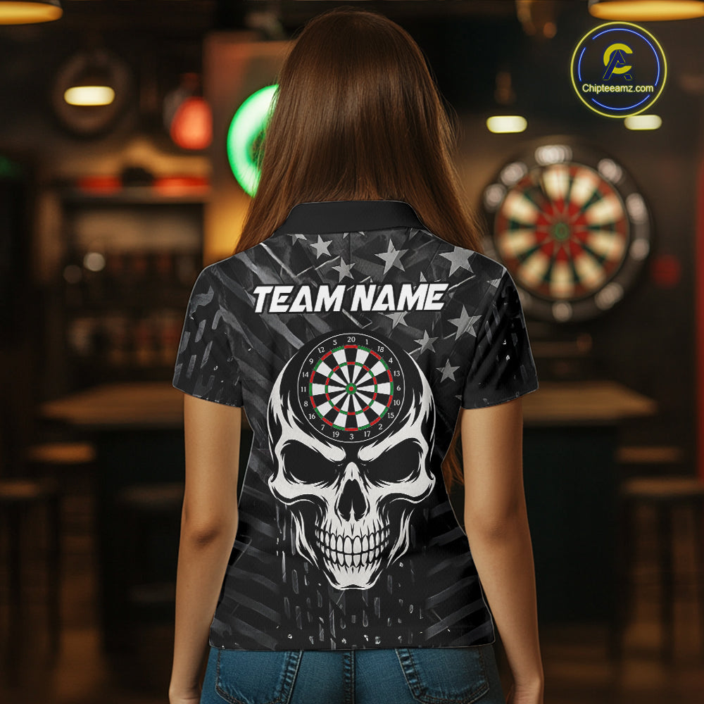 Personalized Black US Flag Skull Darts Shirt For Women Custom Darts League Team Jersey Polo, 1/4 Zip TDM7522