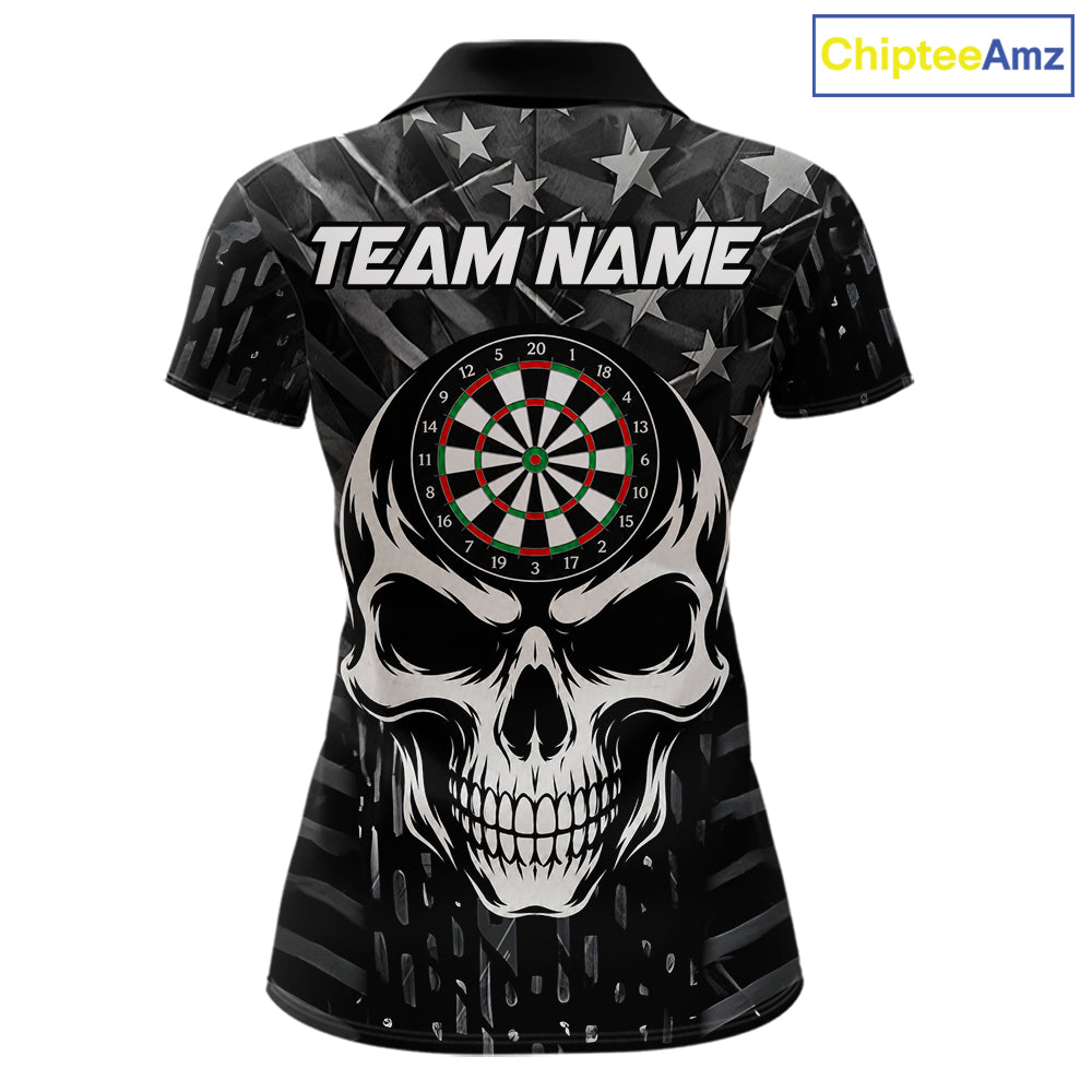 Personalized Black US Flag Skull Darts Shirt For Women Custom Darts League Team Jersey Polo, 1/4 Zip TDM7522