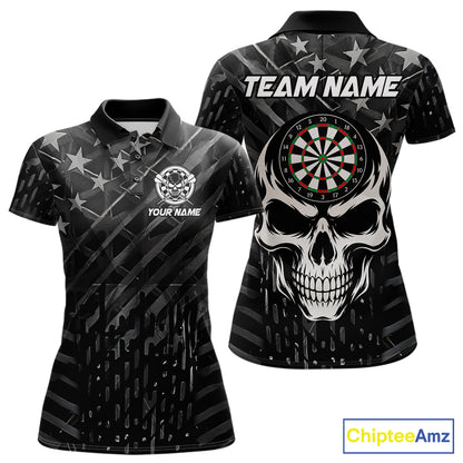 Personalized Black US Flag Skull Darts Shirt For Women Custom Darts League Team Jersey Polo, 1/4 Zip TDM7522