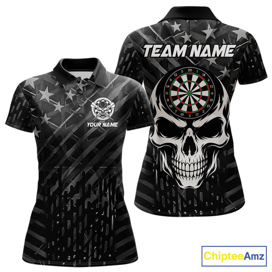 Personalized Black US Flag Skull Darts Shirt For Women Custom Darts League Team Jersey Polo, 1/4 Zip TDM7522
