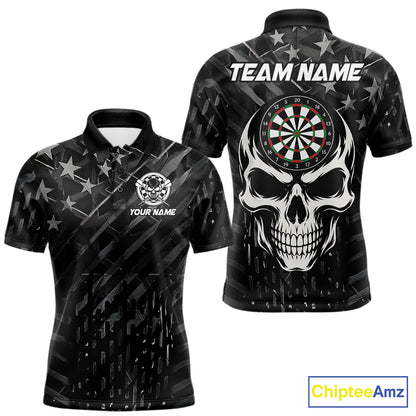 Personalized Black US Flag Skull Darts Shirt For Men Custom Darts League Team Jersey Polo, 1/4 Zip TDM7522