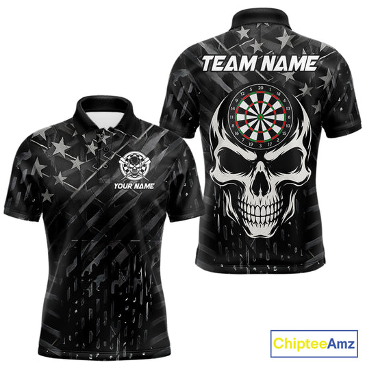 Personalized Black US Flag Skull Darts Shirt For Men Custom Darts League Team Jersey Polo, 1/4 Zip TDM7522