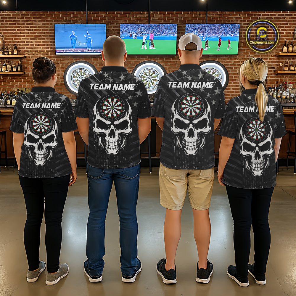 Personalized Black US Flag Skull Darts Shirt For Men Custom Darts League Team Jersey Polo, 1/4 Zip TDM7522