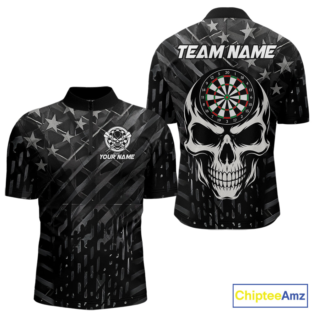 Personalized Black US Flag Skull Darts Shirt For Men Custom Darts League Team Jersey Polo, 1/4 Zip TDM7522