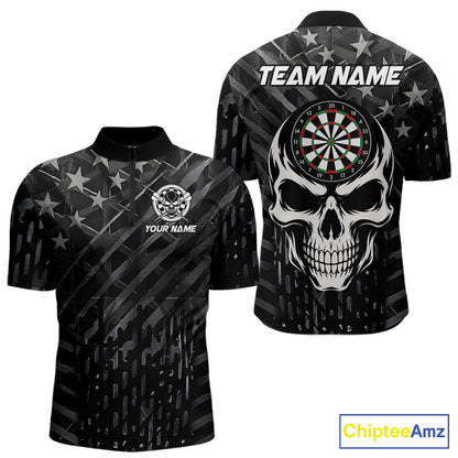 Personalized Black US Flag Skull Darts Shirt For Men Custom Darts League Team Jersey Polo, 1/4 Zip TDM7522