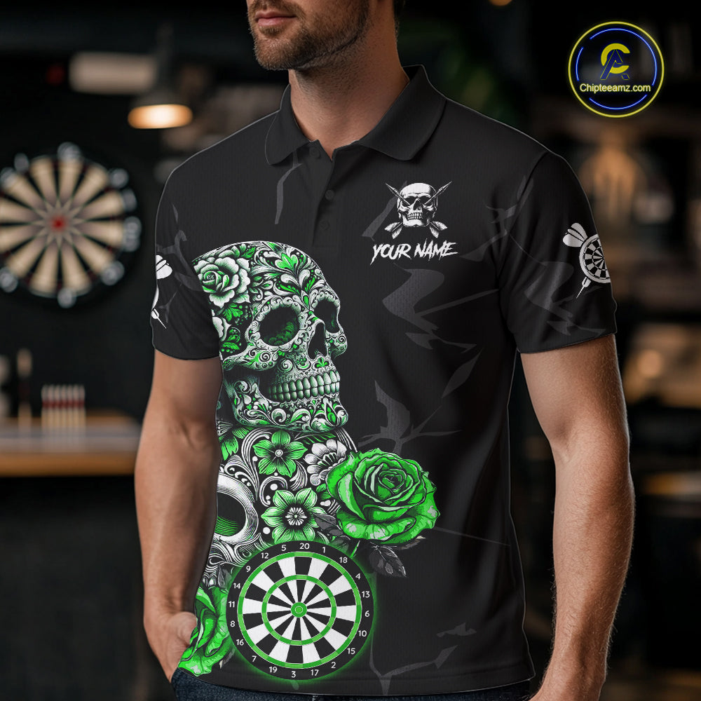 Personalized Green Funny Skull Roses Darts Shirt For Men Custom Darts Team Jersey, Darts Outfit TDM7527