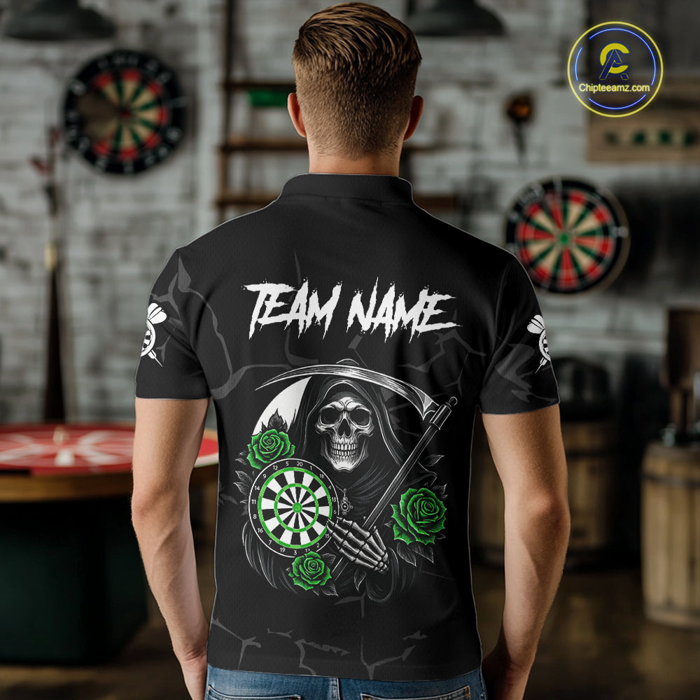 Personalized Green Funny Skull Roses Darts Shirt For Men Custom Darts Team Jersey, Darts Outfit TDM7527