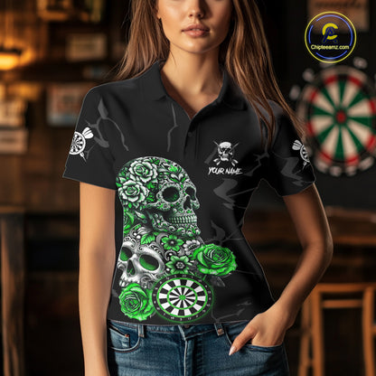 Personalized Green Funny Skull Roses Darts Shirt For Women Custom Darts Team Jersey, Darts Outfit TDM7527