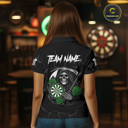 Personalized Green Funny Skull Roses Darts Shirt For Women Custom Darts Team Jersey, Darts Outfit TDM7527