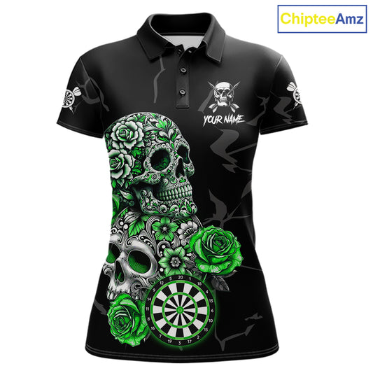 Personalized Green Funny Skull Roses Darts Shirt For Women Custom Darts Team Jersey, Darts Outfit TDM7527