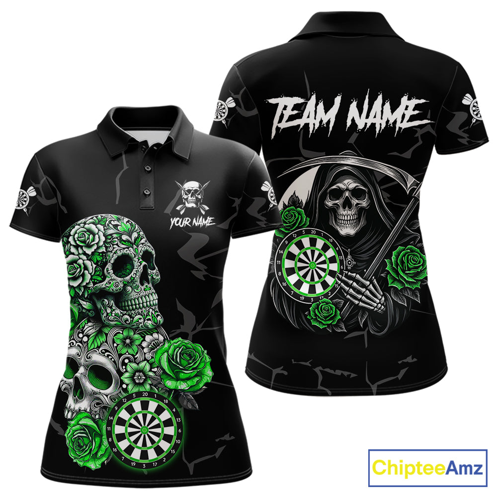 Personalized Green Funny Skull Roses Darts Shirt For Women Custom Darts Team Jersey, Darts Outfit TDM7527