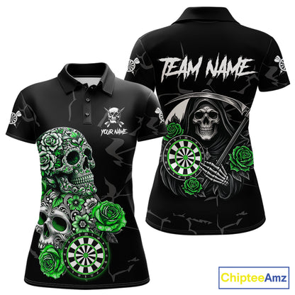 Personalized Green Funny Skull Roses Darts Shirt For Women Custom Darts Team Jersey, Darts Outfit TDM7527