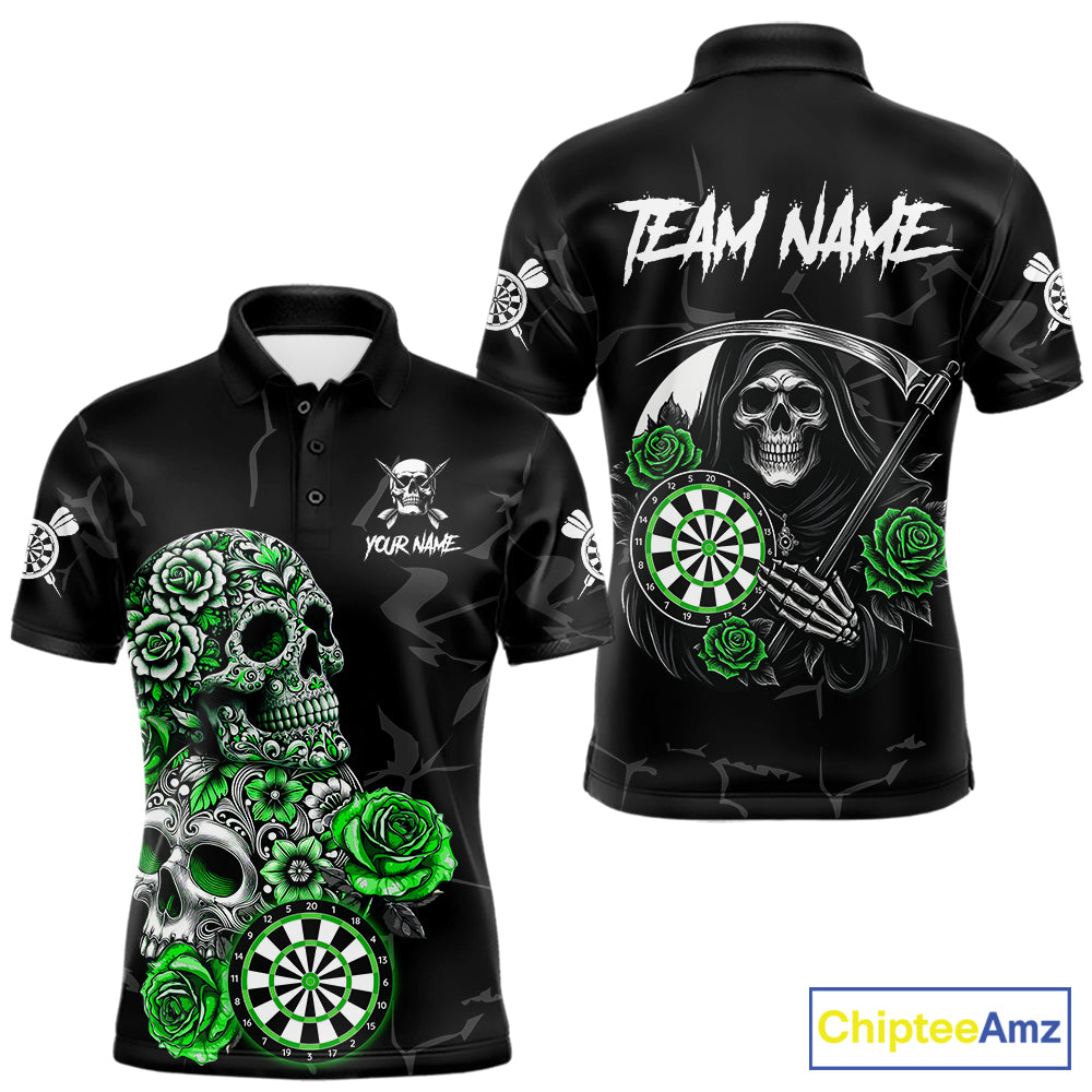 Personalized Green Funny Skull Roses Darts Shirt For Men Custom Darts Team Jersey, Darts Outfit TDM7527