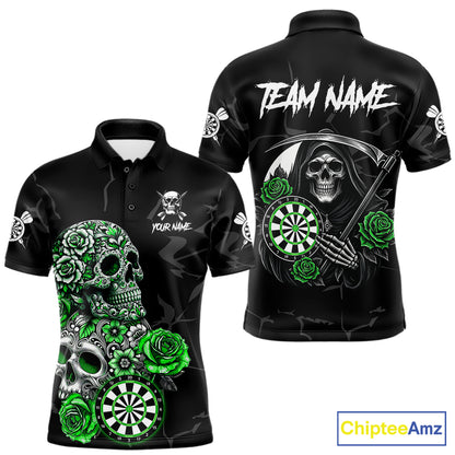Personalized Green Funny Skull Roses Darts Shirt For Men Custom Darts Team Jersey, Darts Outfit TDM7527