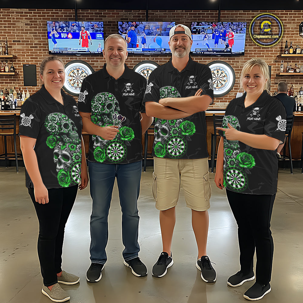 Personalized Green Funny Skull Roses Darts Shirt For Men Custom Darts Team Jersey, Darts Outfit TDM7527
