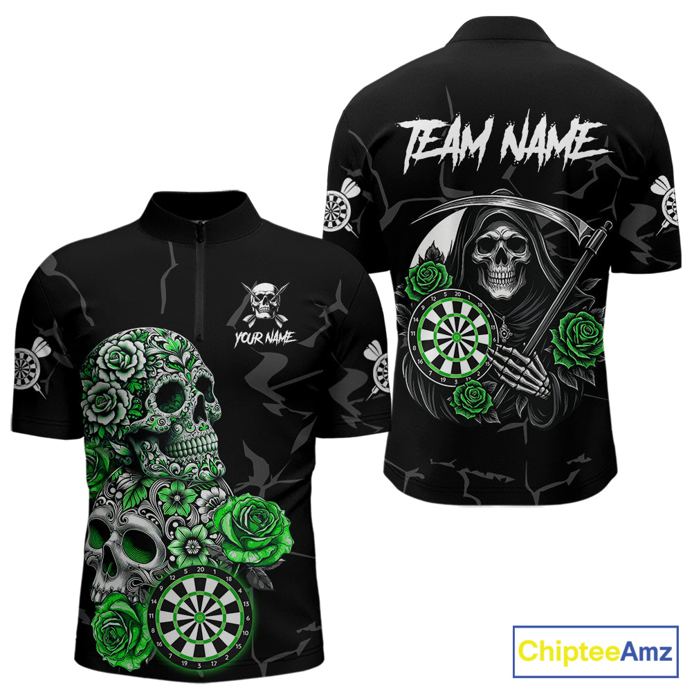 Personalized Green Funny Skull Roses Darts Shirt For Men Custom Darts Team Jersey, Darts Outfit TDM7527