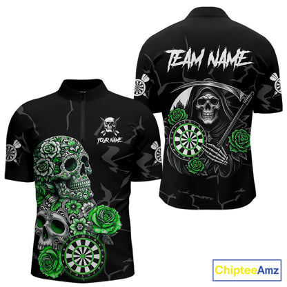Personalized Green Funny Skull Roses Darts Shirt For Men Custom Darts Team Jersey, Darts Outfit TDM7527