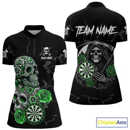 Personalized Green Funny Skull Roses Darts Shirt For Women Custom Darts Team Jersey, Darts Outfit TDM7527