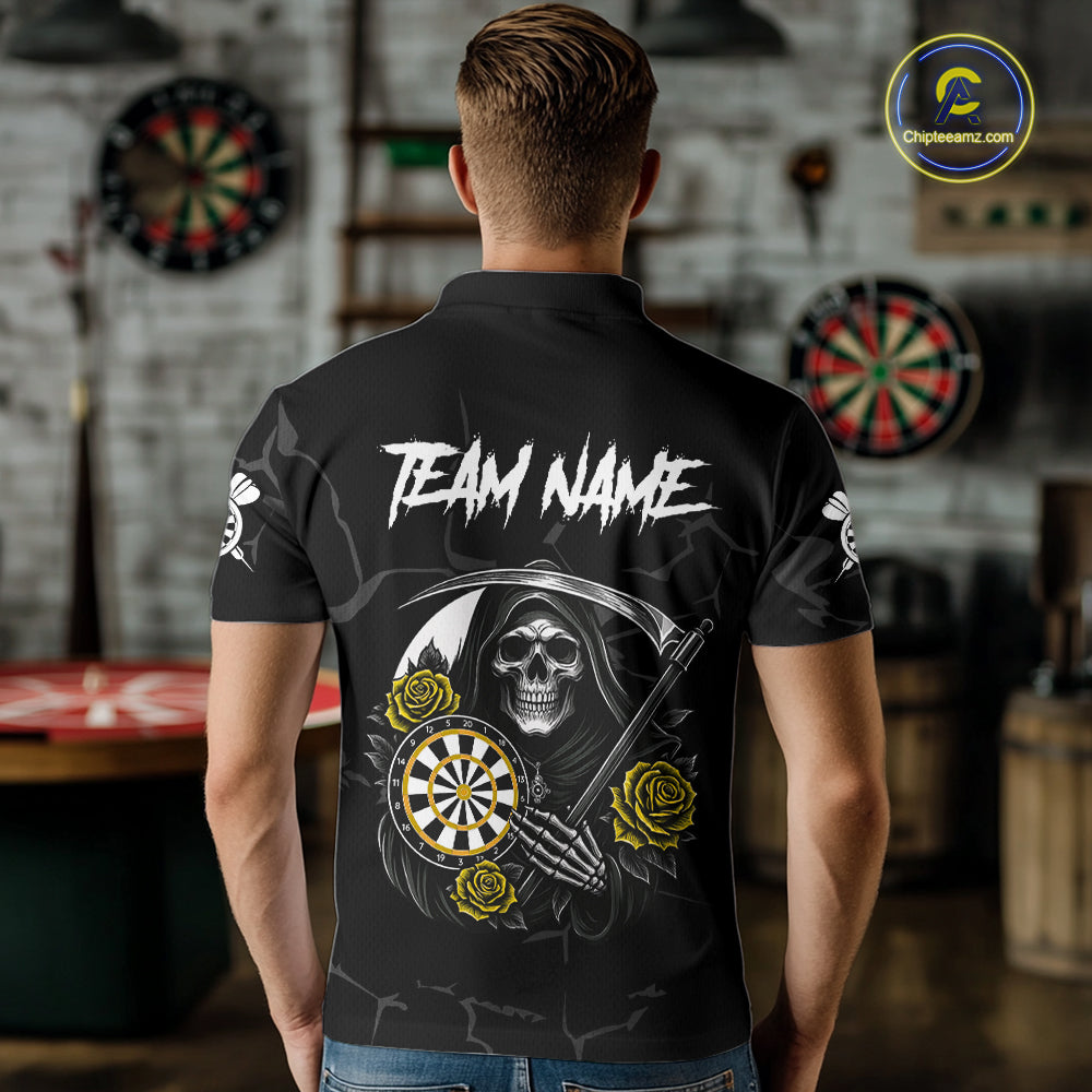 Personalized Yellow Funny Skull Roses Darts Shirt For Men Custom Darts Team Jersey, Darts Outfit TDM7528