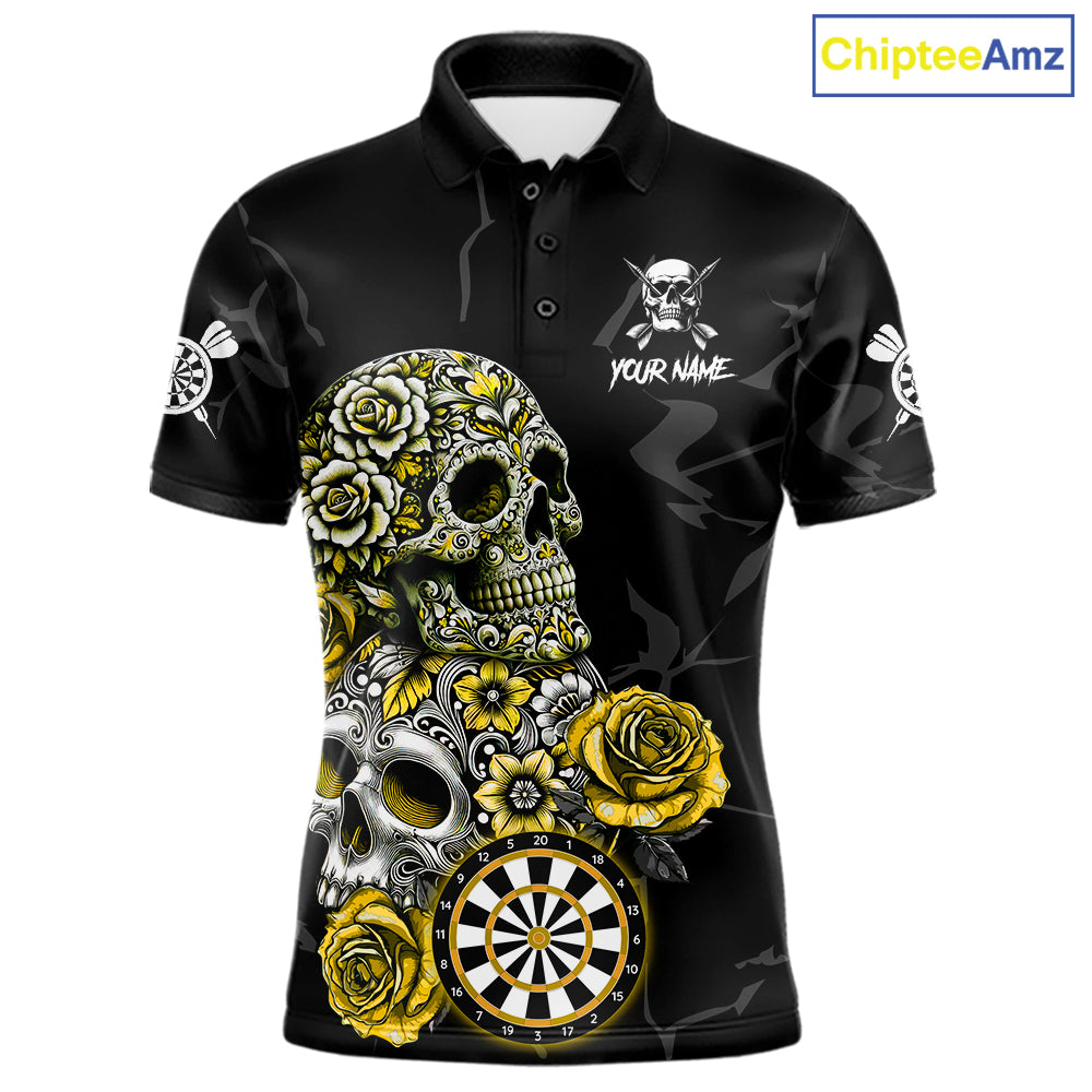 Personalized Yellow Funny Skull Roses Darts Shirt For Men Custom Darts Team Jersey, Darts Outfit TDM7528