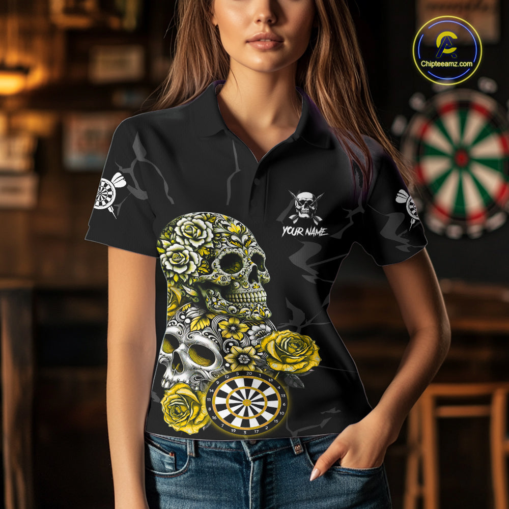 Personalized Yellow Funny Skull Roses Darts Shirt For Women Custom Darts Team Jersey, Darts Outfit TDM7528
