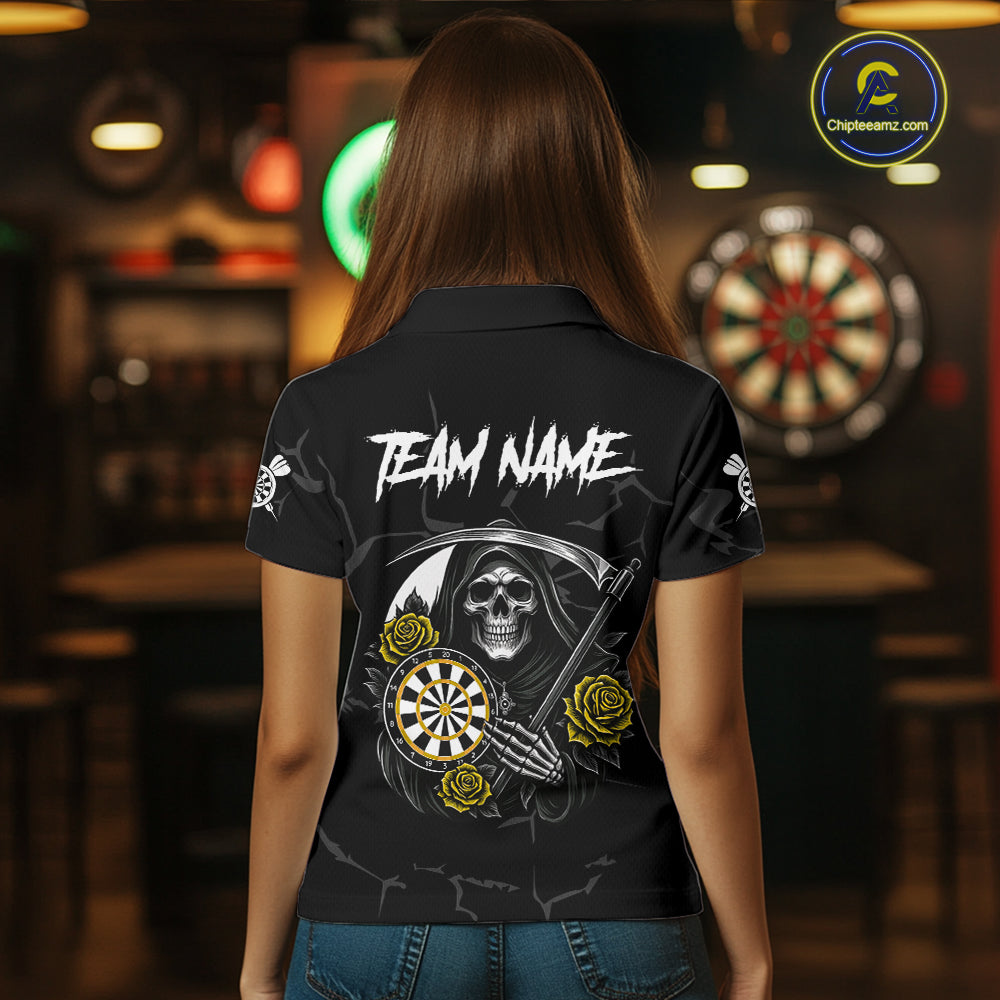 Personalized Yellow Funny Skull Roses Darts Shirt For Women Custom Darts Team Jersey, Darts Outfit TDM7528