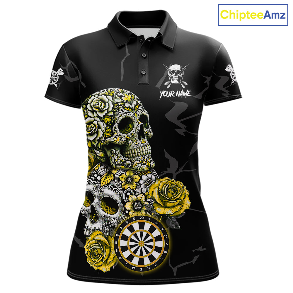 Personalized Yellow Funny Skull Roses Darts Shirt For Women Custom Darts Team Jersey, Darts Outfit TDM7528