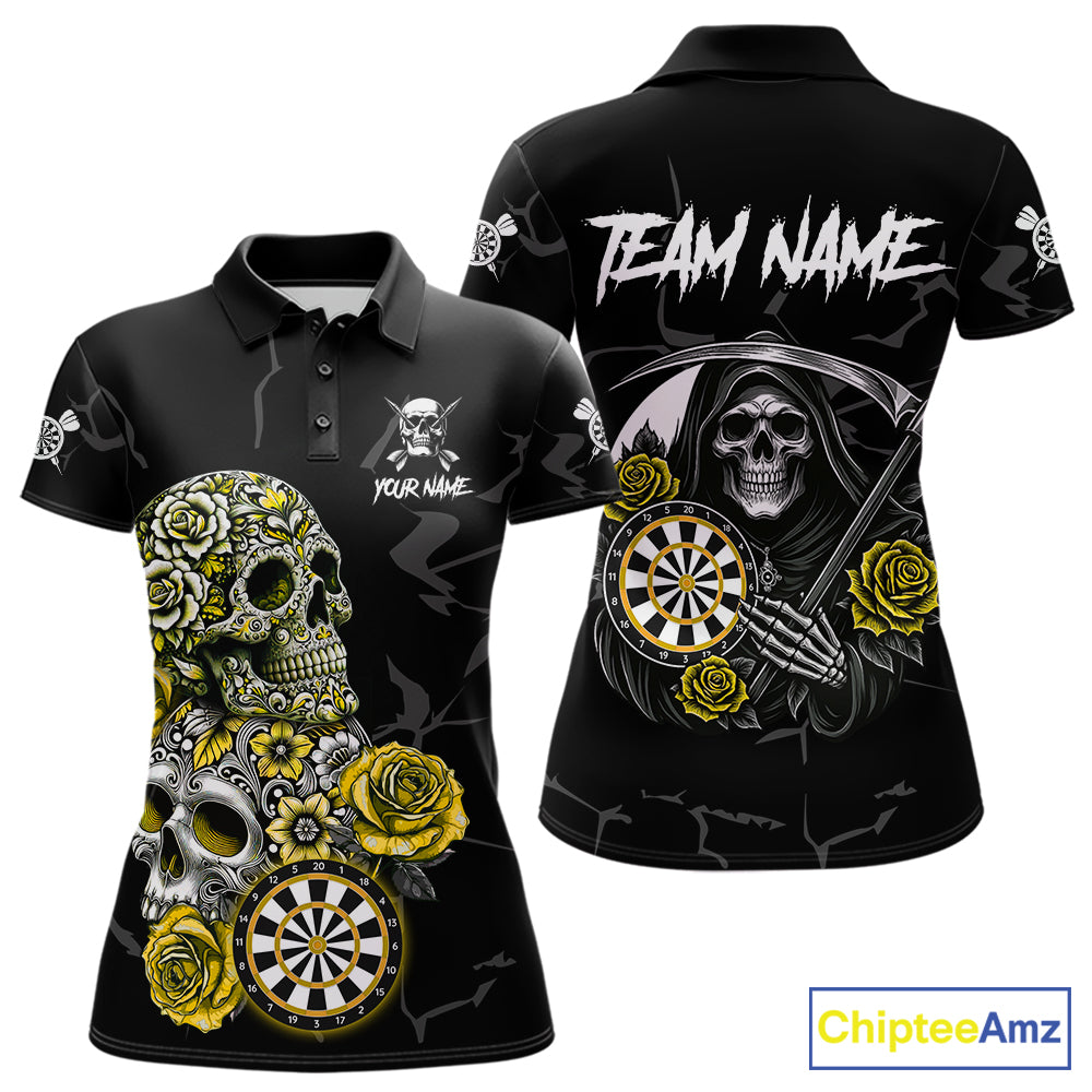 Personalized Yellow Funny Skull Roses Darts Shirt For Women Custom Darts Team Jersey, Darts Outfit TDM7528