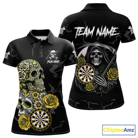 Personalized Yellow Funny Skull Roses Darts Shirt For Women Custom Darts Team Jersey, Darts Outfit TDM7528
