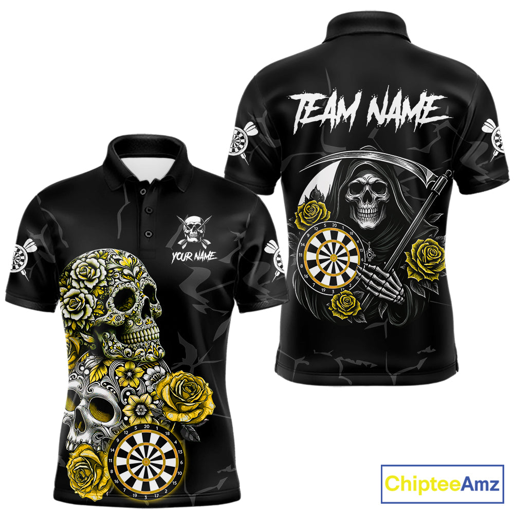 Personalized Yellow Funny Skull Roses Darts Shirt For Men Custom Darts Team Jersey, Darts Outfit TDM7528