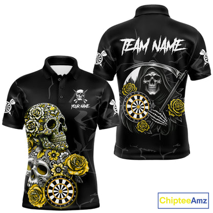 Personalized Yellow Funny Skull Roses Darts Shirt For Men Custom Darts Team Jersey, Darts Outfit TDM7528