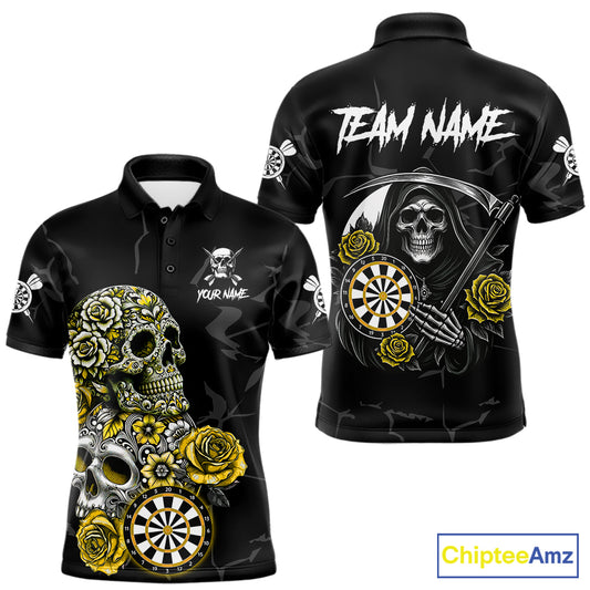 Personalized Yellow Funny Skull Roses Darts Shirt For Men Custom Darts Team Jersey, Darts Outfit TDM7528