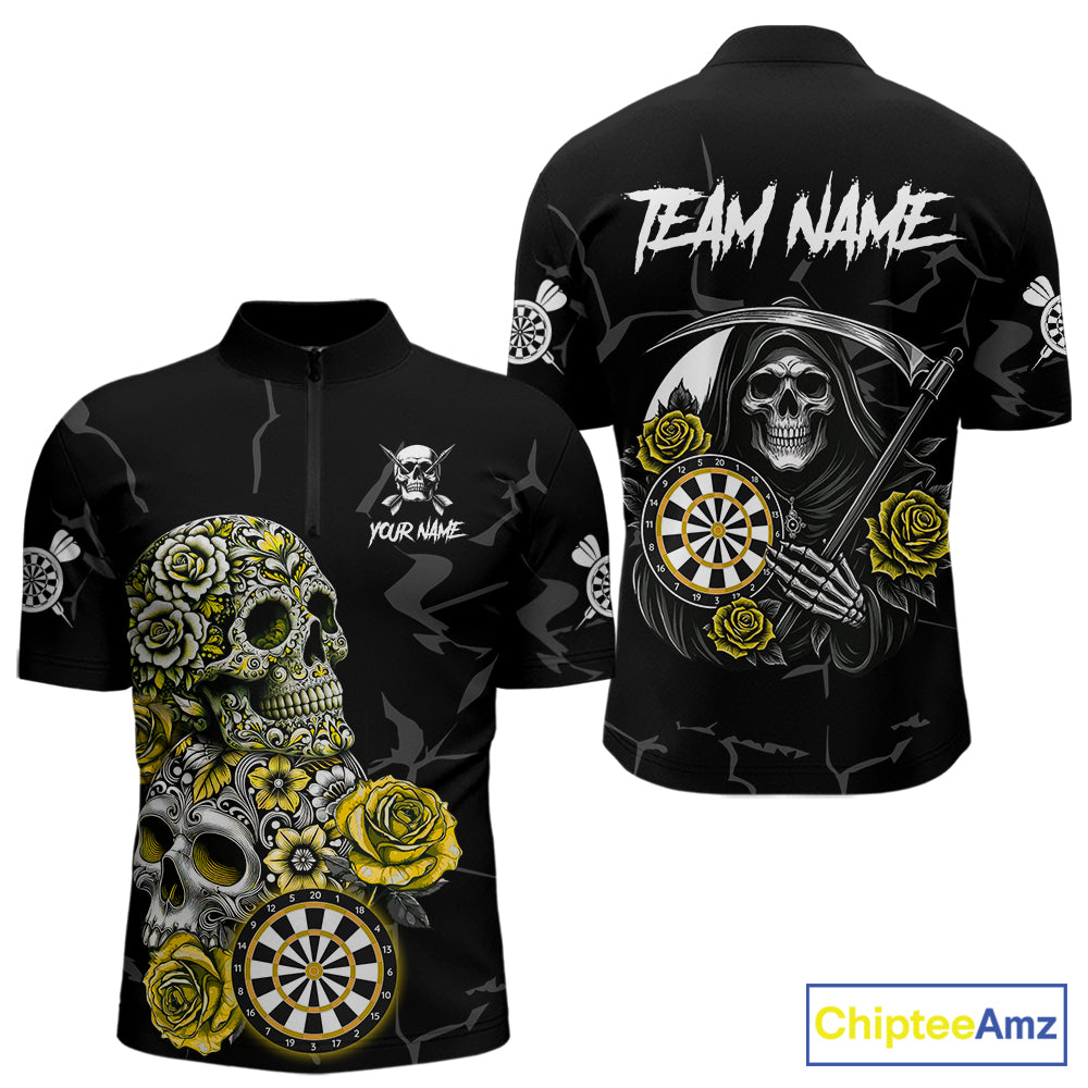Personalized Yellow Funny Skull Roses Darts Shirt For Men Custom Darts Team Jersey, Darts Outfit TDM7528
