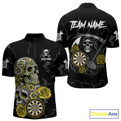 Personalized Yellow Funny Skull Roses Darts Shirt For Men Custom Darts Team Jersey, Darts Outfit TDM7528