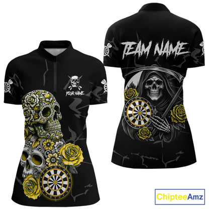 Personalized Yellow Funny Skull Roses Darts Shirt For Women Custom Darts Team Jersey, Darts Outfit TDM7528