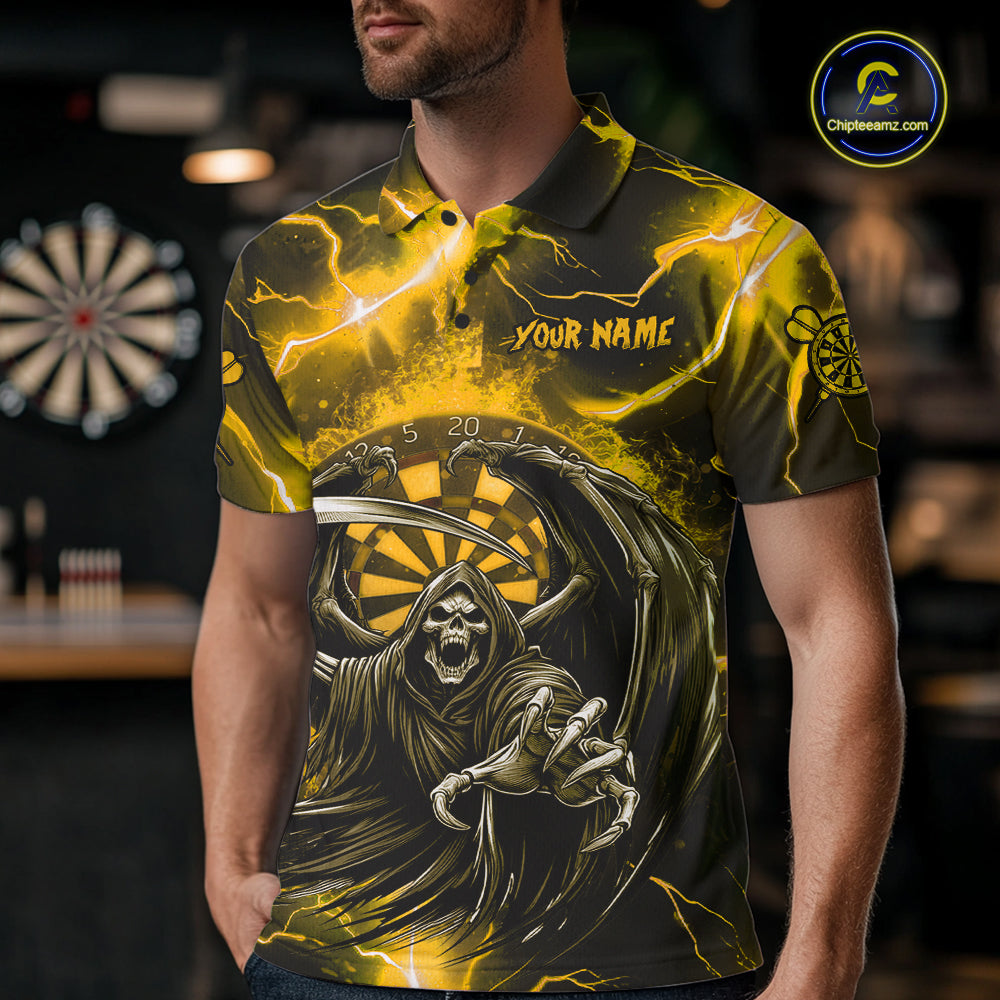 Personalized Yellow Grim Reaper Thunder Lightning Men's Dart Shirts Custom Darts Team Jersey TDM7530