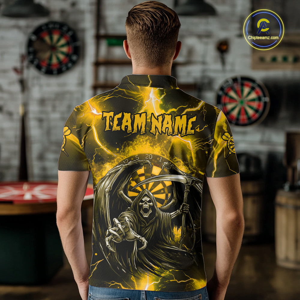 Personalized Yellow Grim Reaper Thunder Lightning Men's Dart Shirts Custom Darts Team Jersey TDM7530