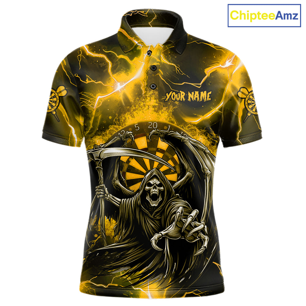 Personalized Yellow Grim Reaper Thunder Lightning Men's Dart Shirts Custom Darts Team Jersey TDM7530