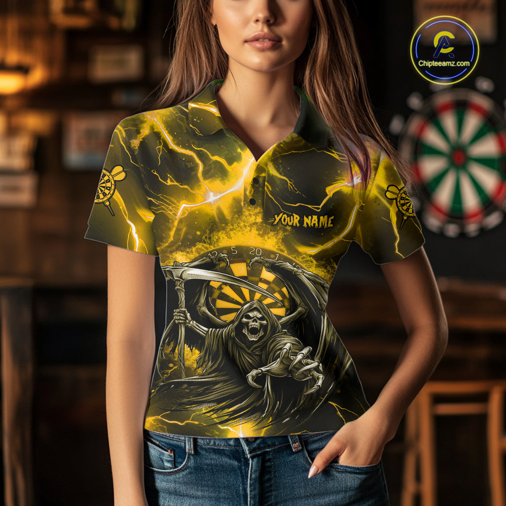 Personalized Yellow Grim Reaper Thunder Lightning Women's Dart Shirts Custom Darts Team Jersey TDM7530