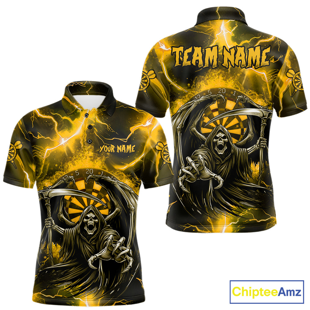Personalized Yellow Grim Reaper Thunder Lightning Men's Dart Shirts Custom Darts Team Jersey TDM7530