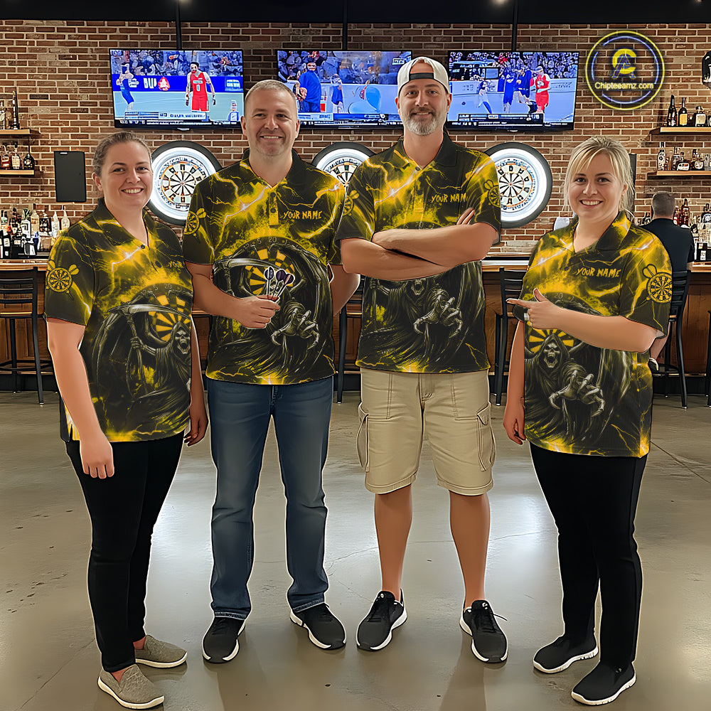 Personalized Yellow Grim Reaper Thunder Lightning Men's Dart Shirts Custom Darts Team Jersey TDM7530
