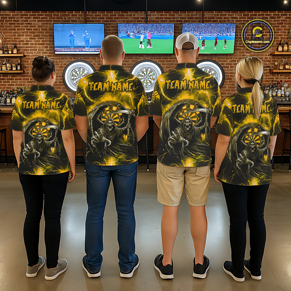 Personalized Yellow Grim Reaper Thunder Lightning Men's Dart Shirts Custom Darts Team Jersey TDM7530