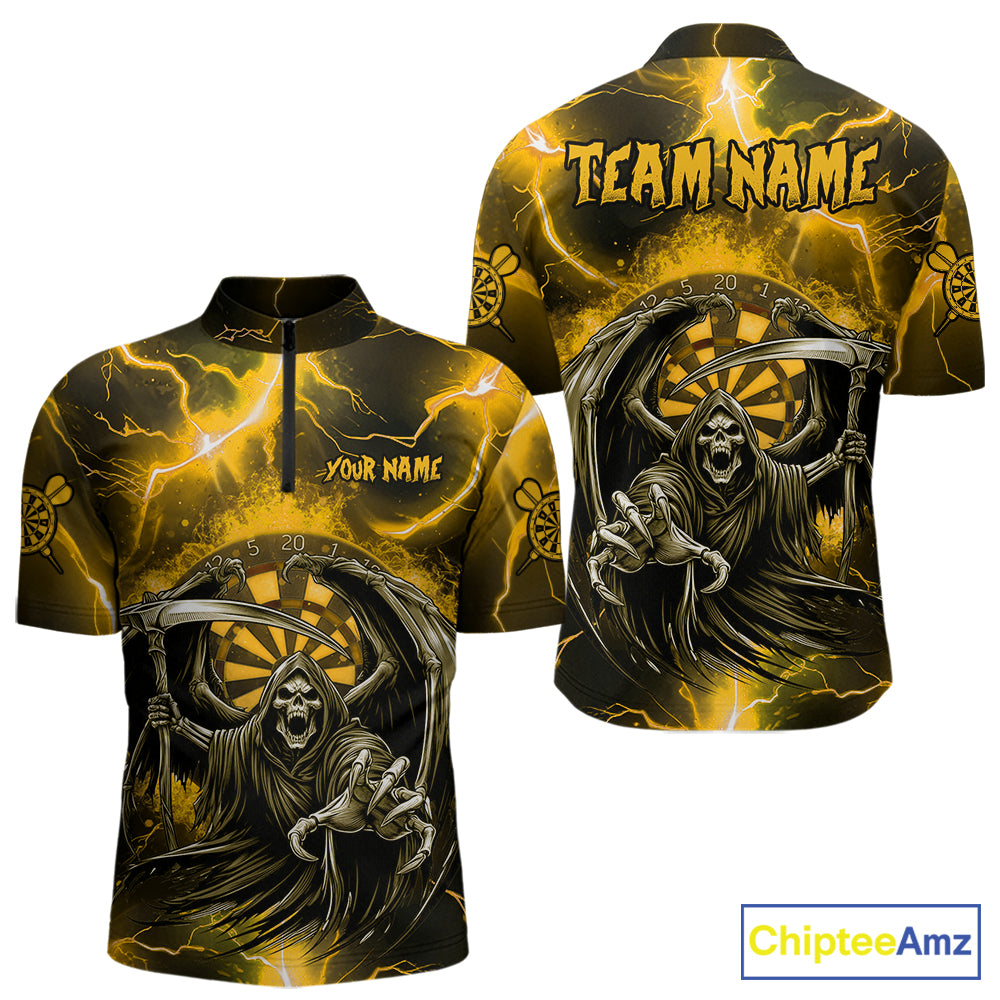 Personalized Yellow Grim Reaper Thunder Lightning Men's Dart Shirts Custom Darts Team Jersey TDM7530