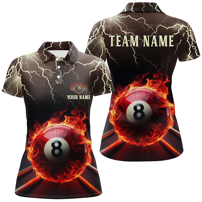 Personalized Flame Lightning Ball 8 Billiard Women's Polo Shirts Custom Pool Team Uniform Shirts TDM0369