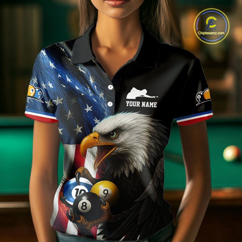 Personalized American Flag Eagle Pool Jersey For Women Custom Billiard 8, 9 & 10 Ball Team Shirt TDM5013